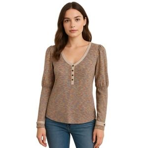 By Anthropologie Puff-Sleeved Knit Henley Multicolor Waffle Knit Top sz M